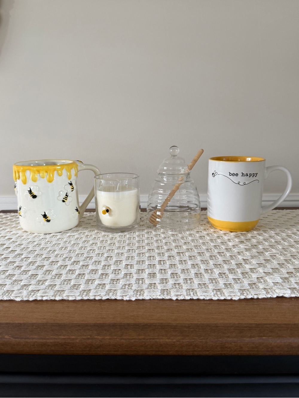 Bee Themed Decor - 2 Mugs, Glass Honeypot, & Candle